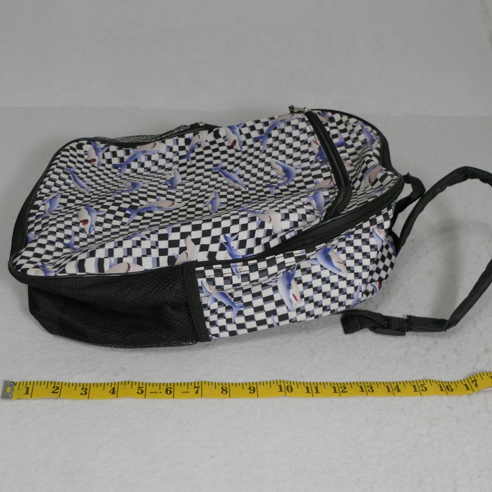 Kids Shark Backpack OS Black White Checkered Skater Streetwear Adventure Travel - Picture 2 of 9
